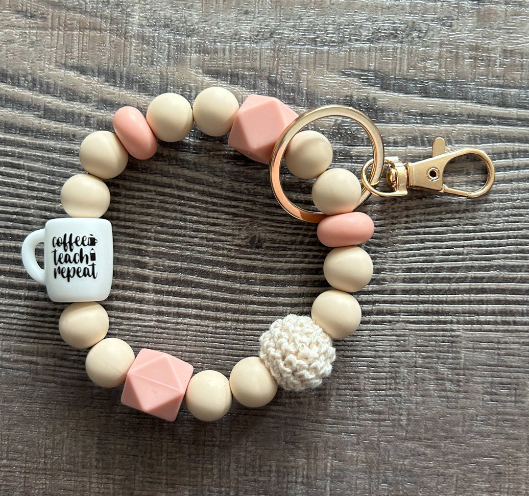 Coffee Teach Repeat Silicone Bead Wristlet Keychain