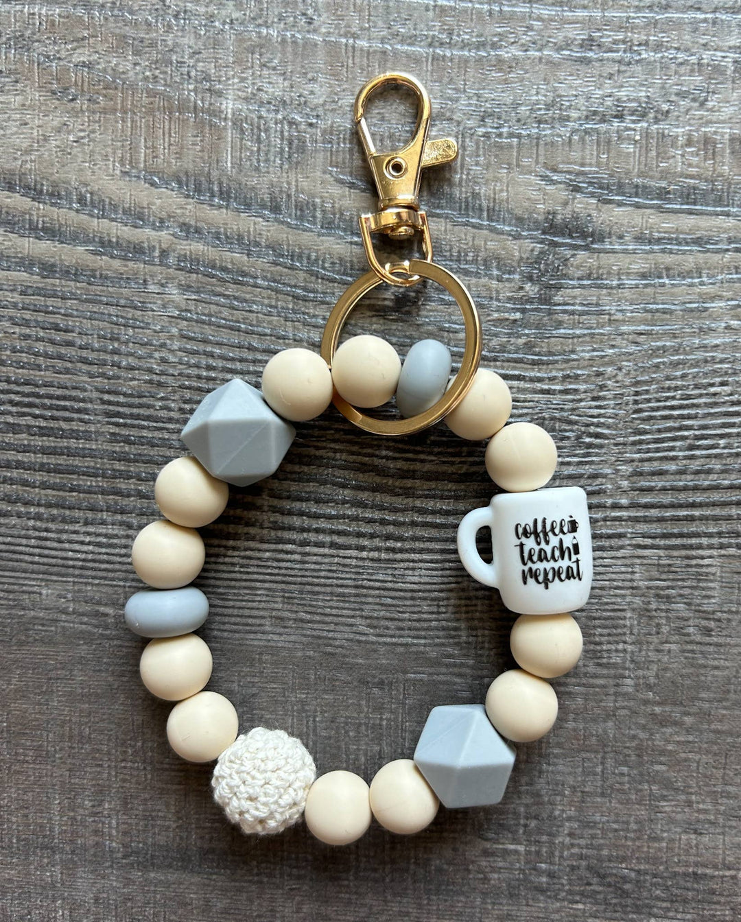Grey Coffee Teach Repeat Silicone Bead Wristlet Keychain