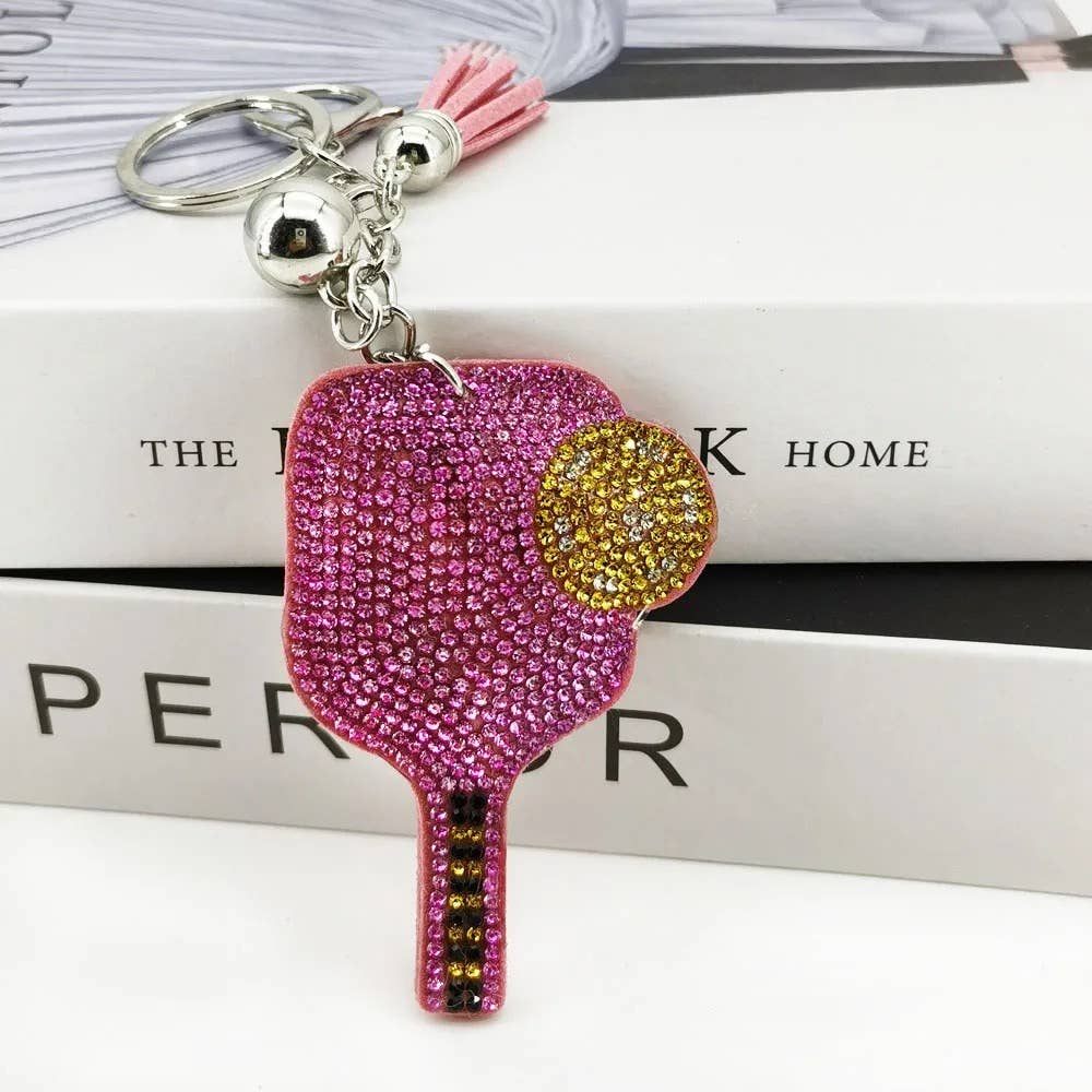 Pickleball Ball and Paddle Rhinestone Glitter Keychain Pink