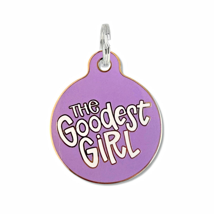 Dog ID Tag with Personalized QR Code - The Goodest Girl : Purple / Engraved QR Code / Small 1"