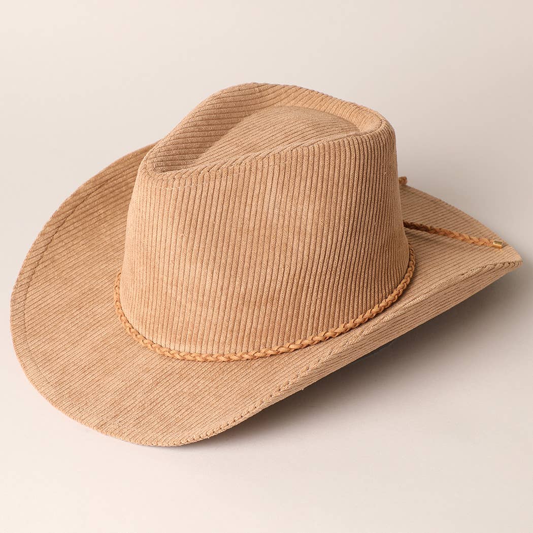 Western Corduroy Braided Band Cowboy Panama Hat: Light Brown / ONE SIZE
