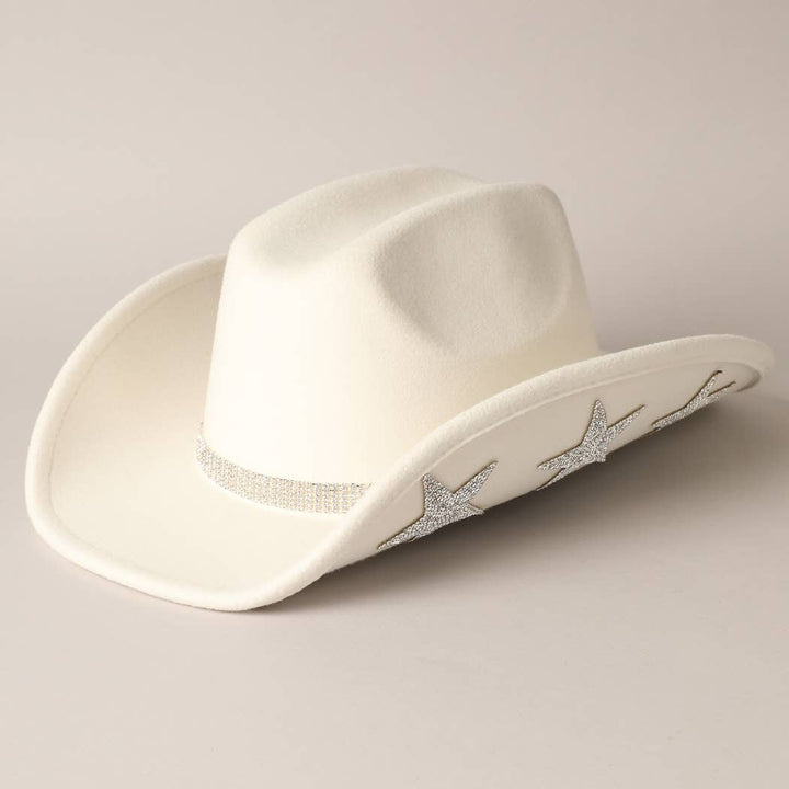 Vegan Felt Star Rhinestone Trim Cowboy Hat: CML / ONE SIZE