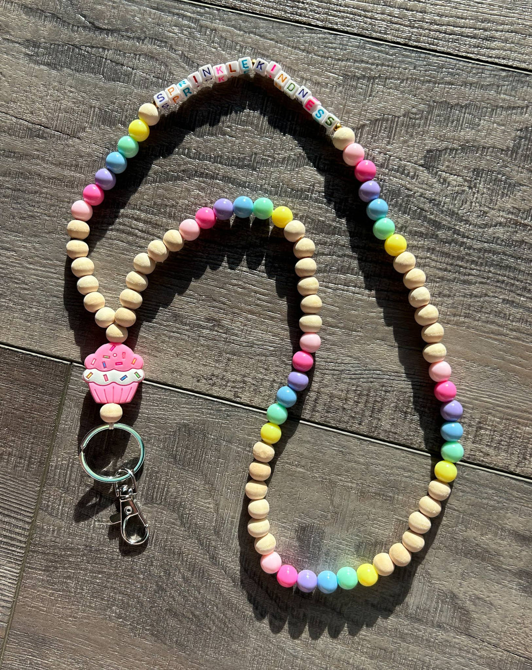 Colorful Beaded Teacher Lanyard with Cupcake Charm