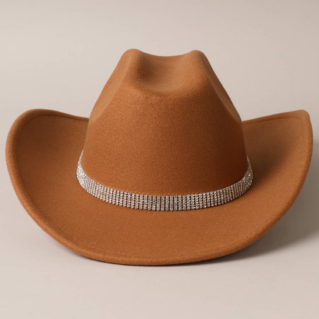 Vegan Felt Star Rhinestone Trim Cowboy Hat: CML / ONE SIZE
