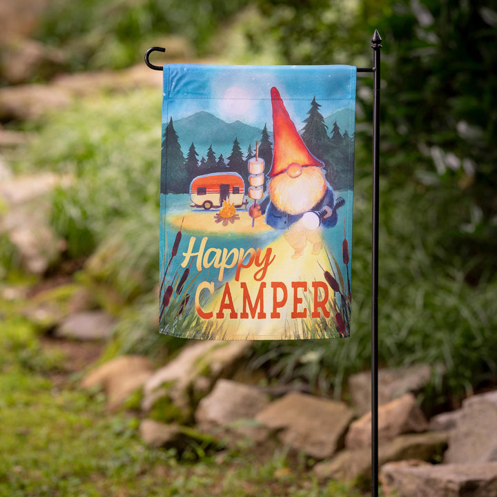 Gnome Happy Camper Suede Garden Flag