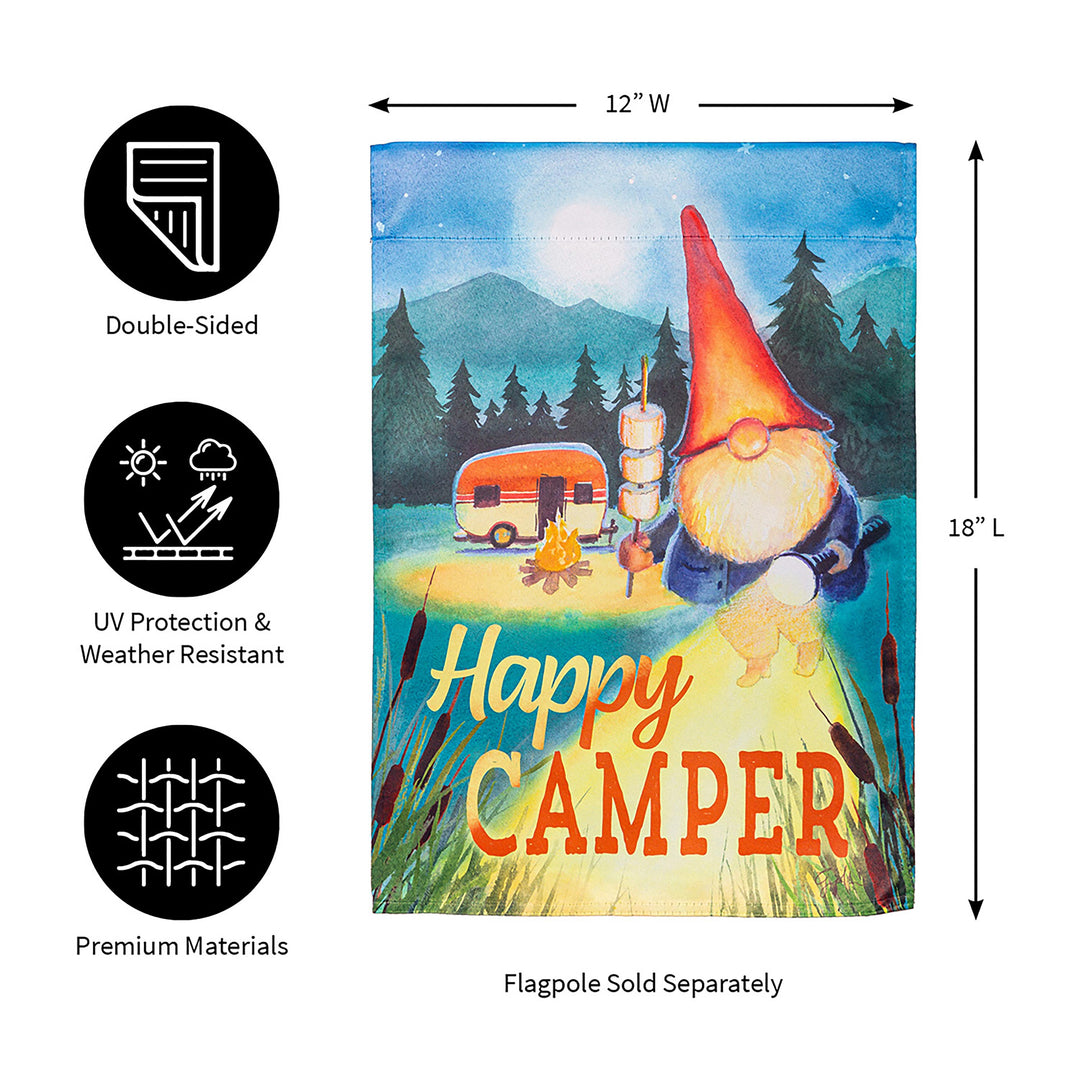 Gnome Happy Camper Suede Garden Flag