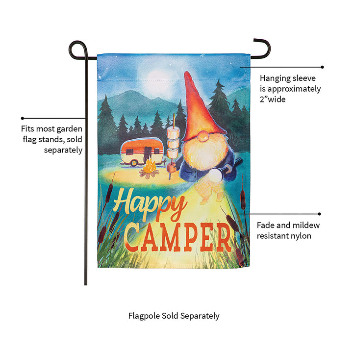 Gnome Happy Camper Suede Garden Flag