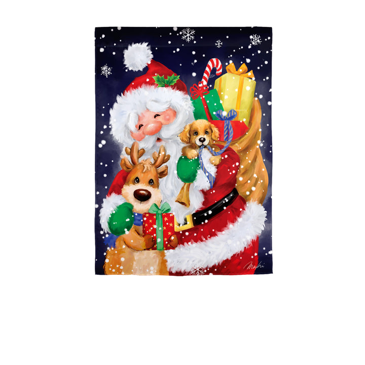 Santa, Reindeer and Puppy Suede Garden Flag