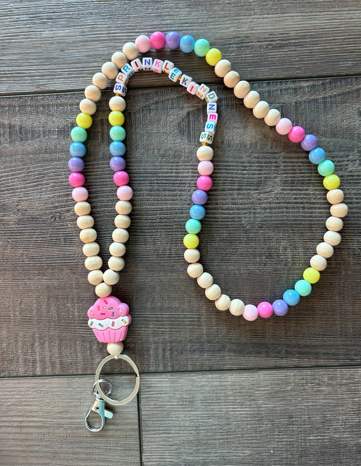 Colorful Beaded Teacher Lanyard with Cupcake Charm