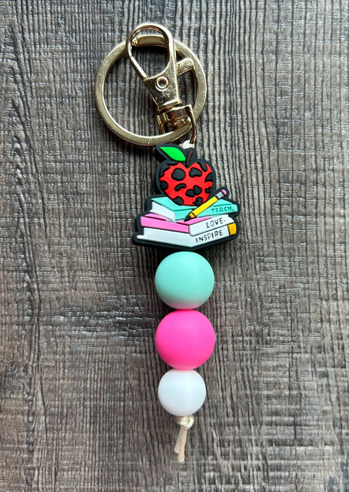 Teacher Focal Bead Small Keychain : White Leopard Apple