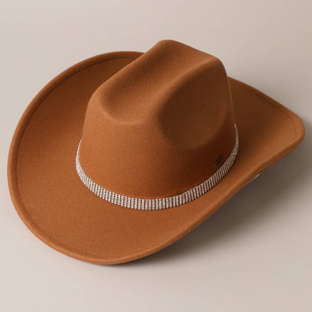 Vegan Felt Star Rhinestone Trim Cowboy Hat: CML / ONE SIZE