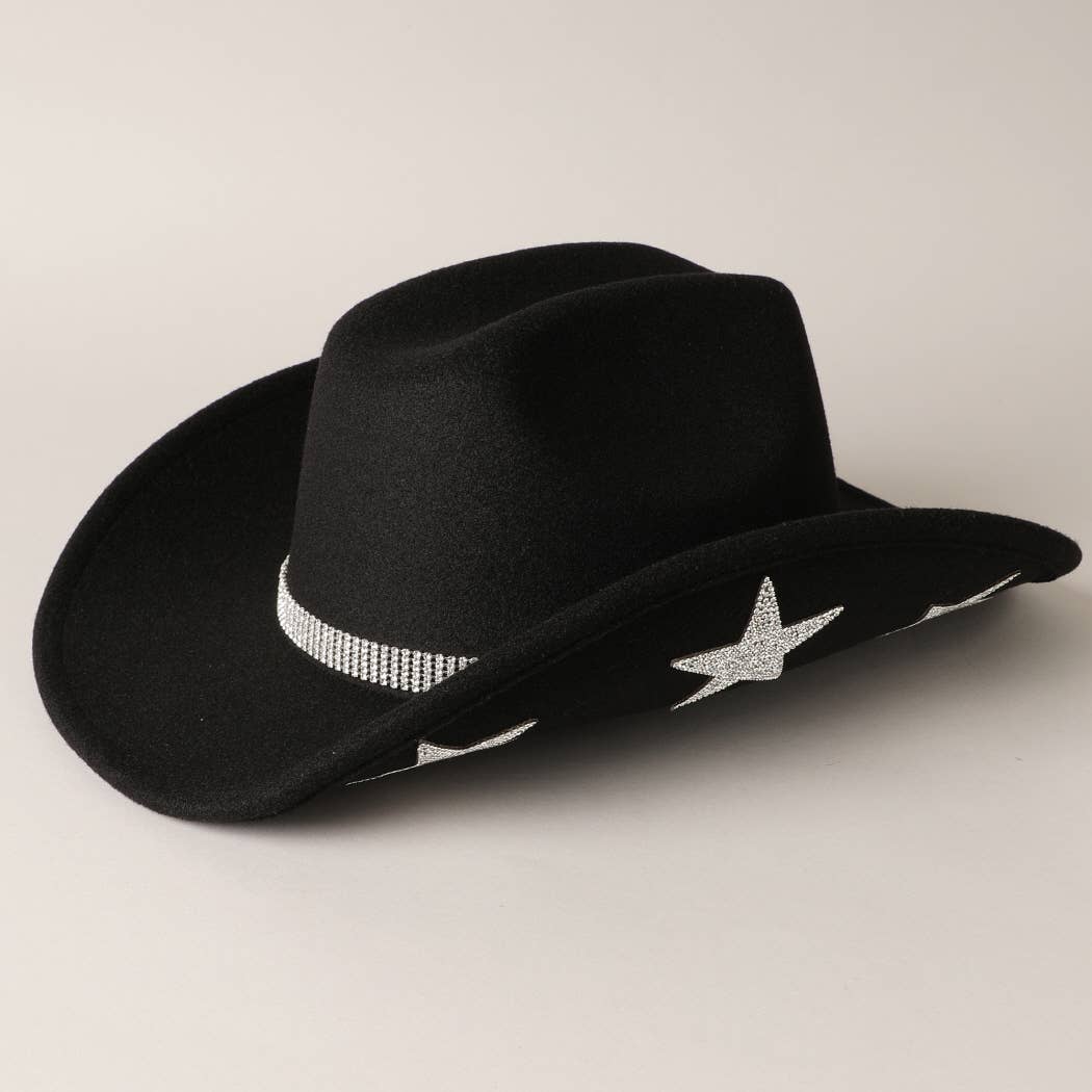 Vegan Felt Star Rhinestone Trim Cowboy Hat: CML / ONE SIZE