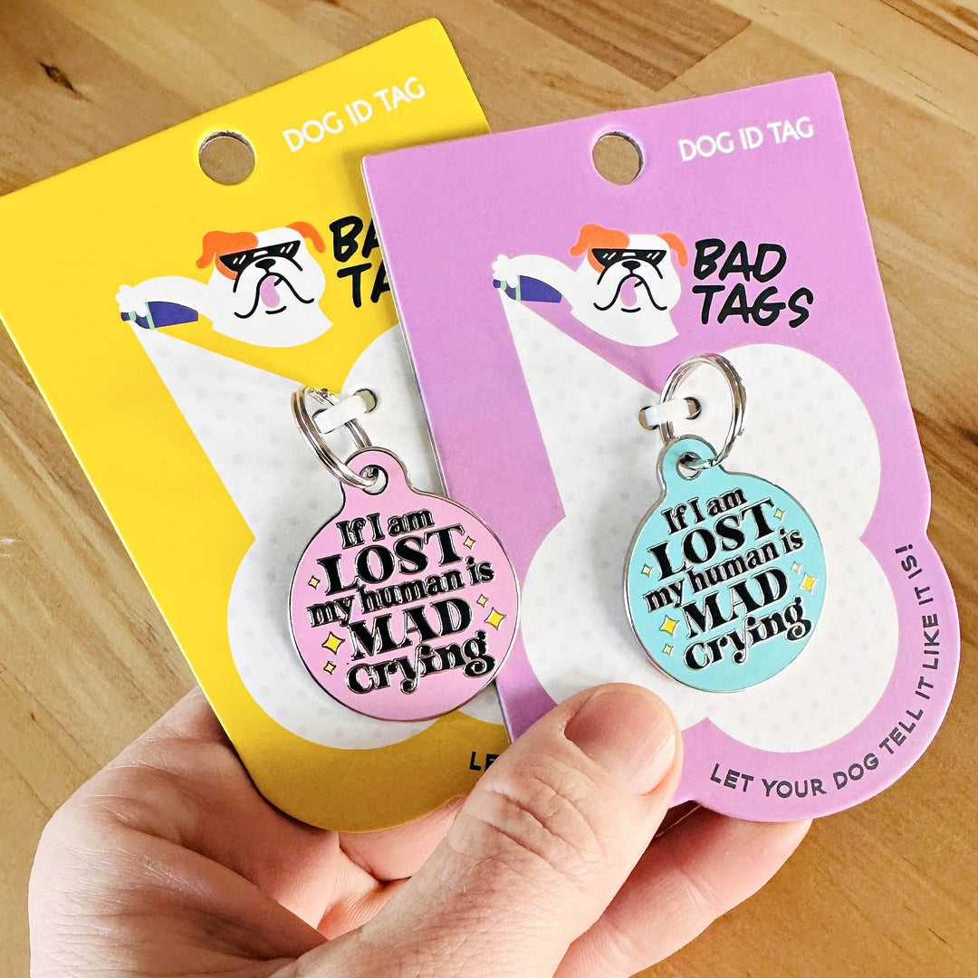 Dog ID Tag with Personalized QR Code - Mad Crying: Small / Aqua Blue / Engraved QR Code