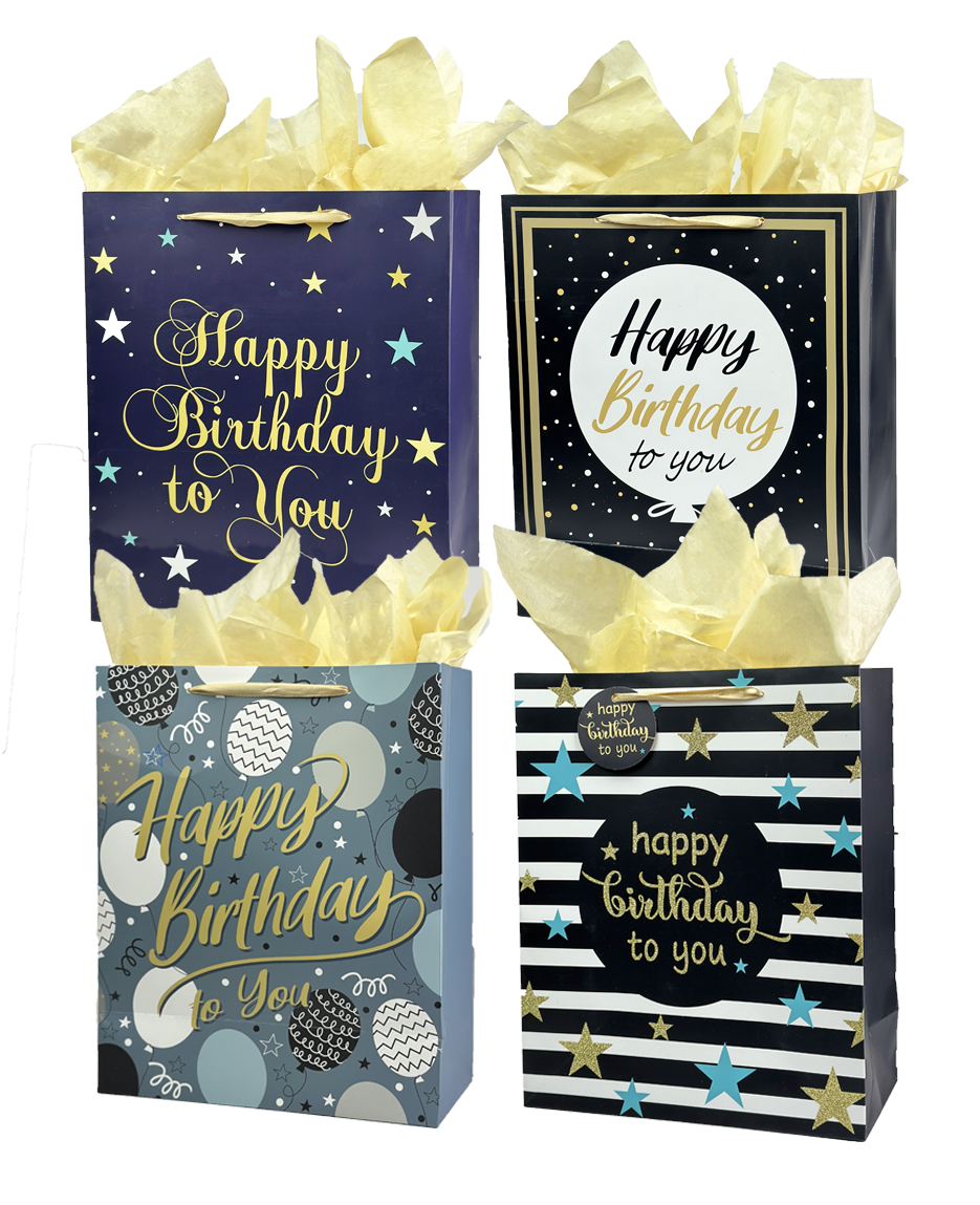 Happy Birthday Gift Bag - dark color with patterns: Medium