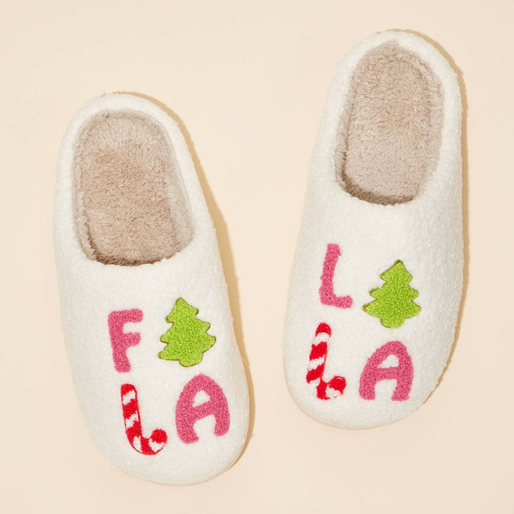‘FALALALA’ Tree Fuzzy Home Slippers: Pink / Small / 4DL98012