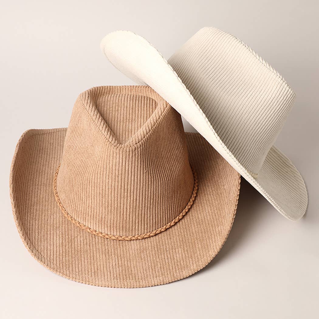 Western Corduroy Braided Band Cowboy Panama Hat: Light Brown / ONE SIZE