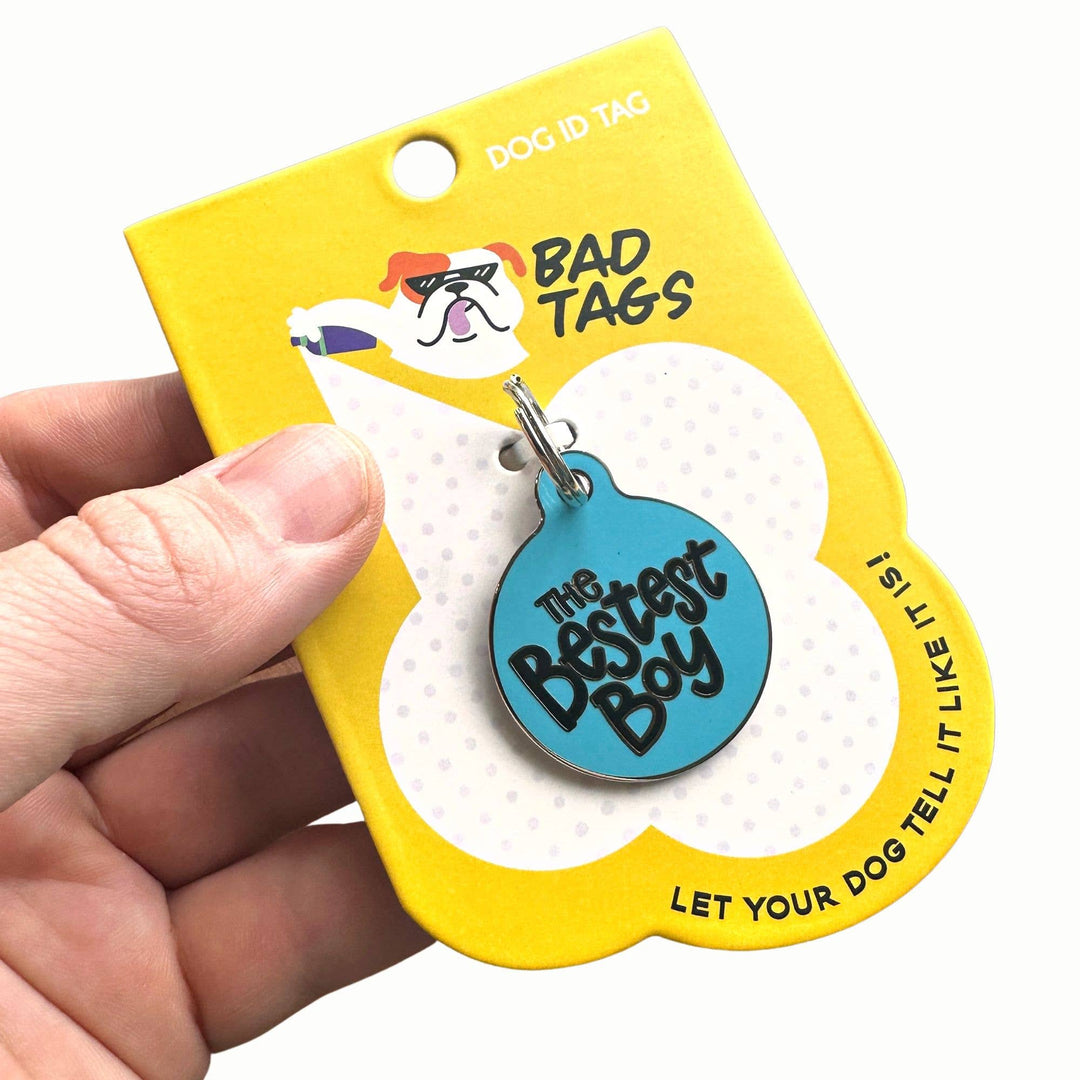 Dog ID Tag with Personalized QR Code - The Bestest Boy: Blue / Engraved QR Code / Small 1"