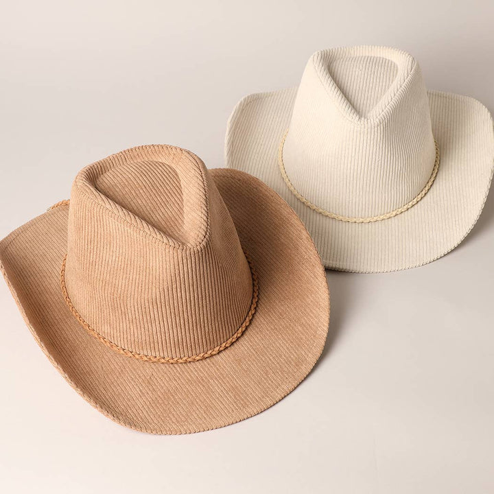 Western Corduroy Braided Band Cowboy Panama Hat: Light Brown / ONE SIZE