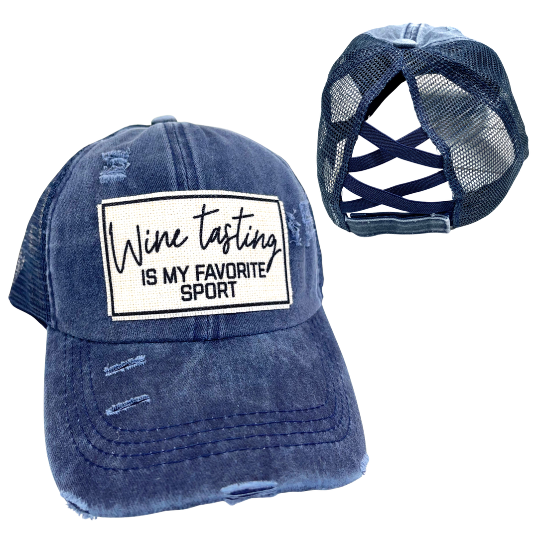 WINE TASTING IS MY FAVORITE SPORT CRISS-CROSS PONYTAIL HAT: Black with black mess