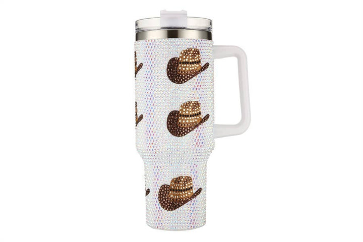 Blinged WESTERN HAT Themed  Insulated Tumbler Cup: White