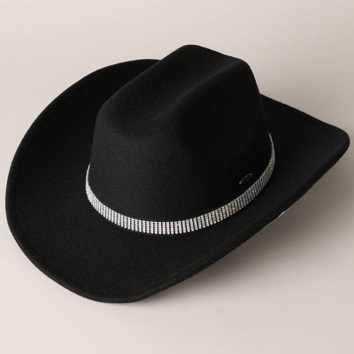 Vegan Felt Star Rhinestone Trim Cowboy Hat: CML / ONE SIZE