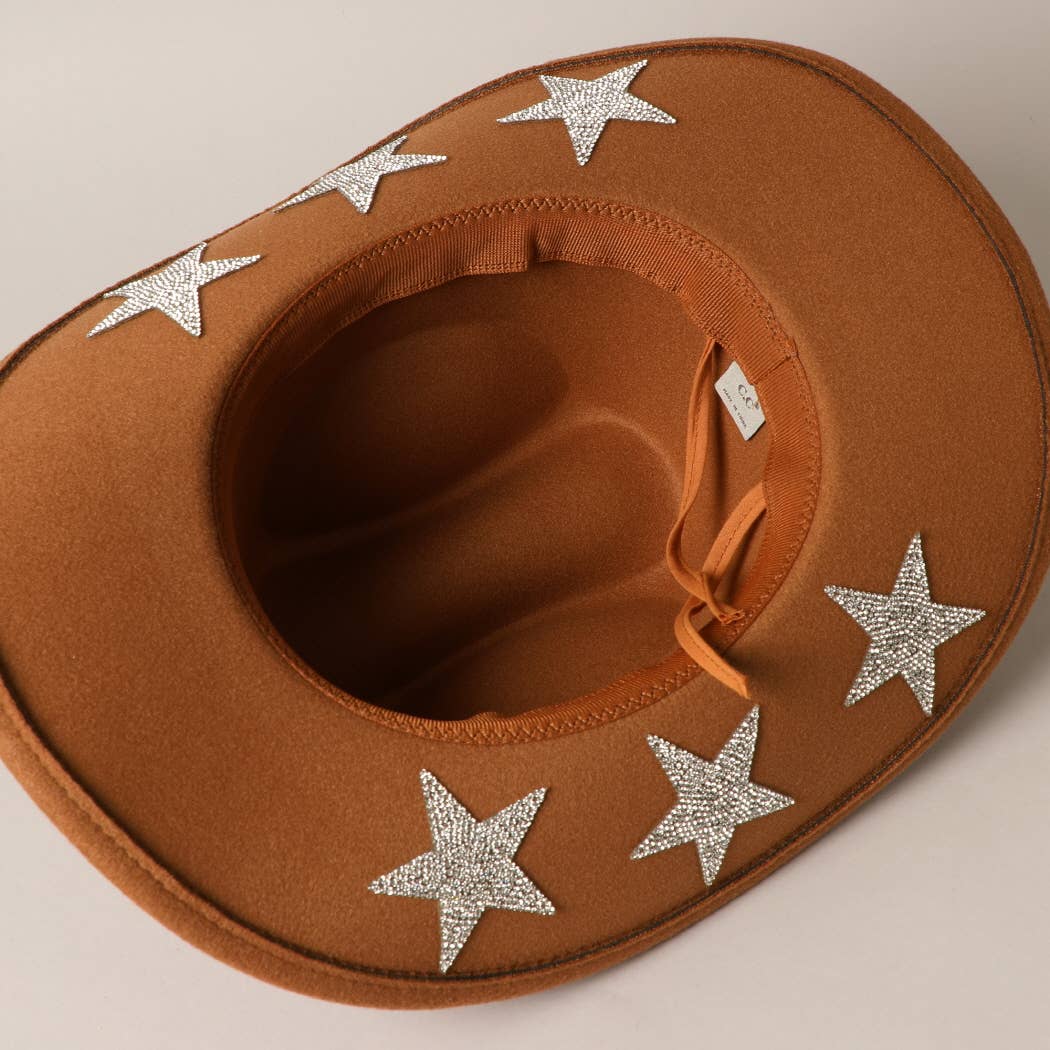 Vegan Felt Star Rhinestone Trim Cowboy Hat: NCP / ONE SIZE
