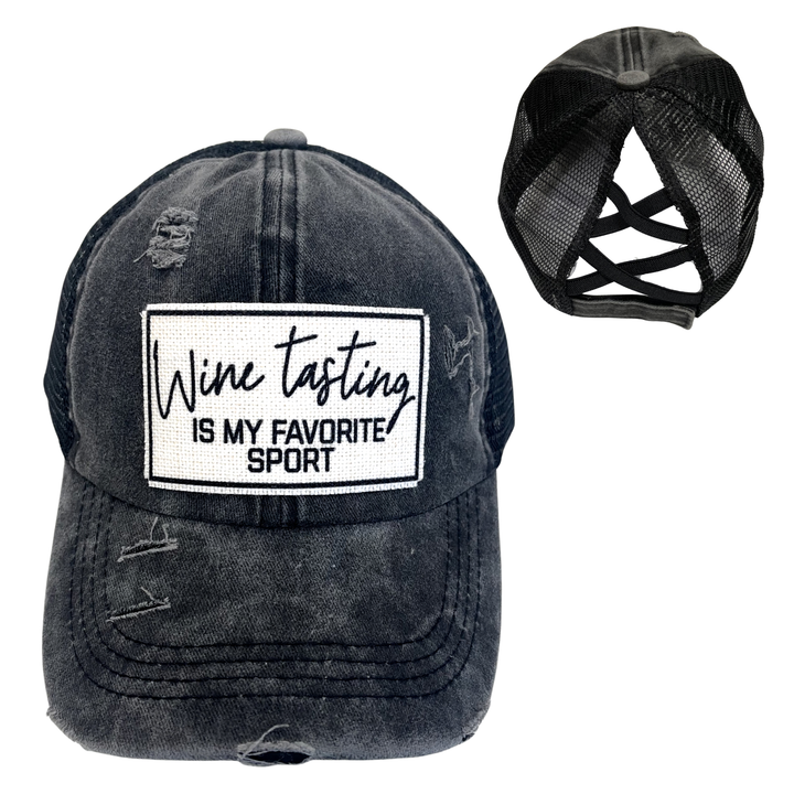 WINE TASTING IS MY FAVORITE SPORT CRISS-CROSS PONYTAIL HAT: Black with black mess