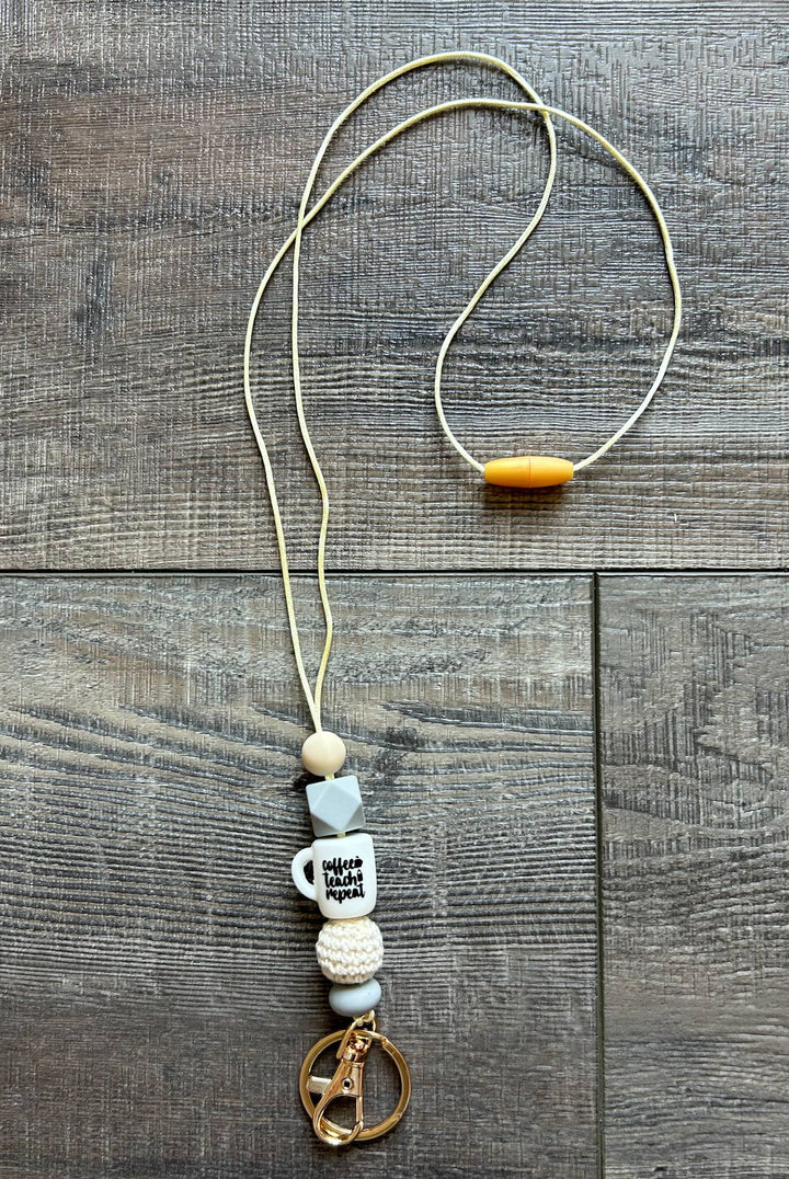 Grey Coffee Teach Repeat Silicone Bead Lanyard