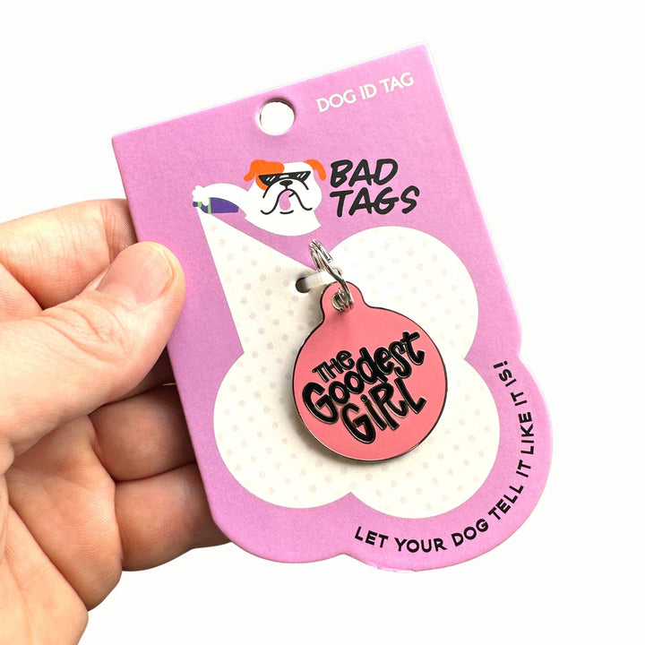 Dog ID Tag with Personalized QR Code - The Goodest Girl : Pink / Engraved QR Code / Small 1"
