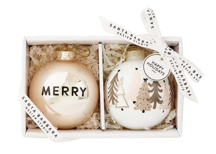 Glass Ornament Set - Merry + Trees - Set of 2