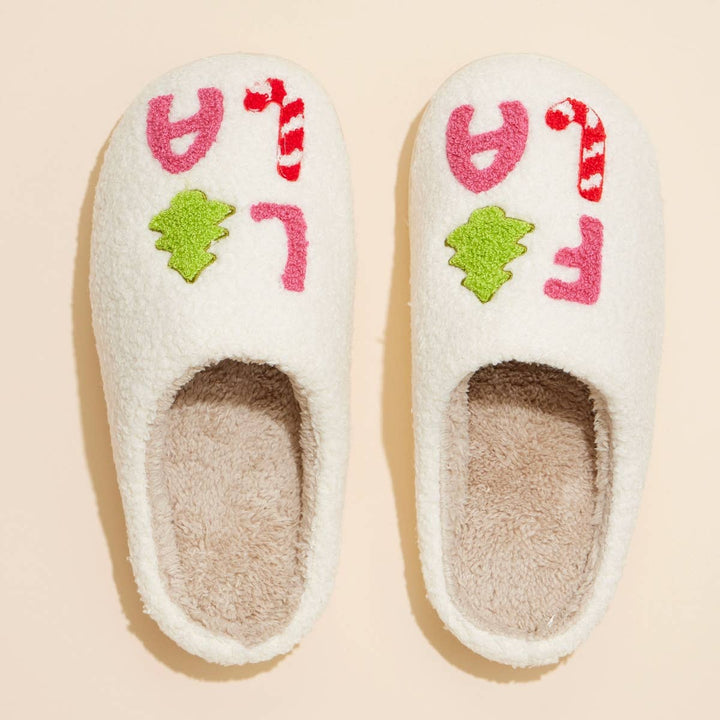 ‘FALALALA’ Tree Fuzzy Home Slippers: Pink / Large / 4DL98012