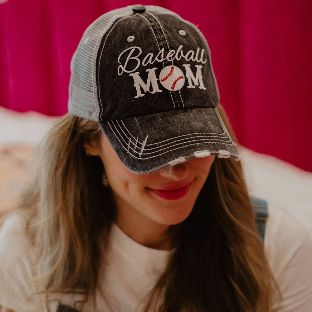 Baseball Mom Distressed Cotton Trucker Hat: Gray