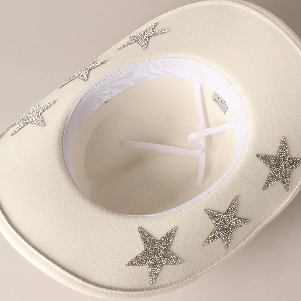 Vegan Felt Star Rhinestone Trim Cowboy Hat: CML / ONE SIZE