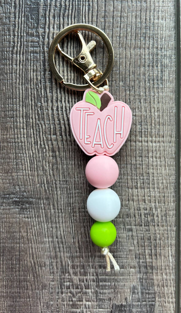 Teacher Focal Bead Small Keychain : White Leopard Apple