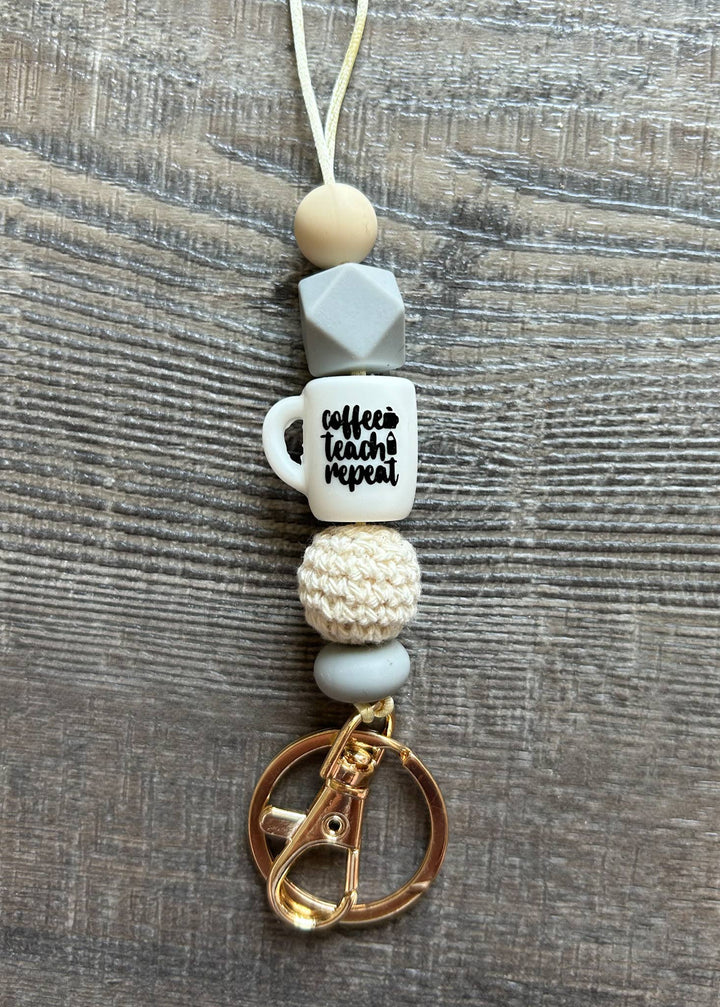 Grey Coffee Teach Repeat Silicone Bead Lanyard