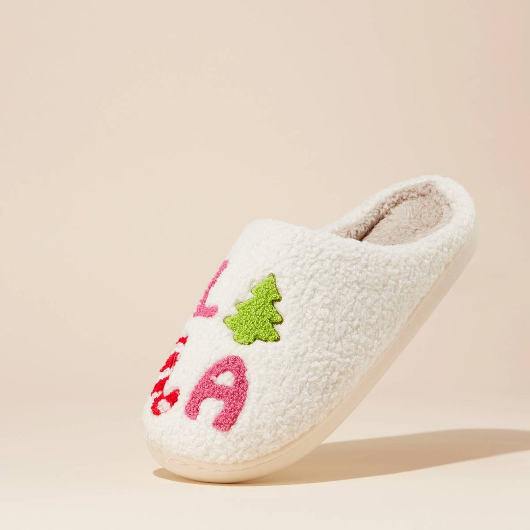 ‘FALALALA’ Tree Fuzzy Home Slippers: Pink / Large / 4DL98012
