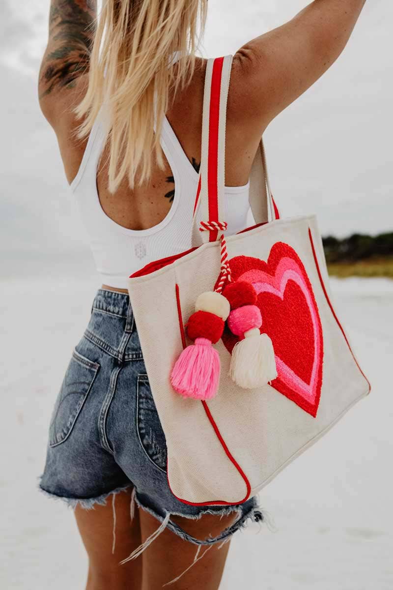 Beating Heart Chenille Beach Bag Tote: Beige Canvas