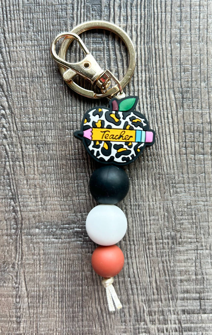 Teacher Focal Bead Small Keychain : White Leopard Apple