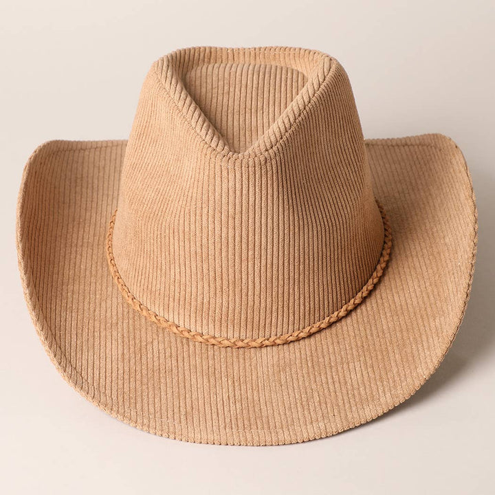 Western Corduroy Braided Band Cowboy Panama Hat: Light Brown / ONE SIZE