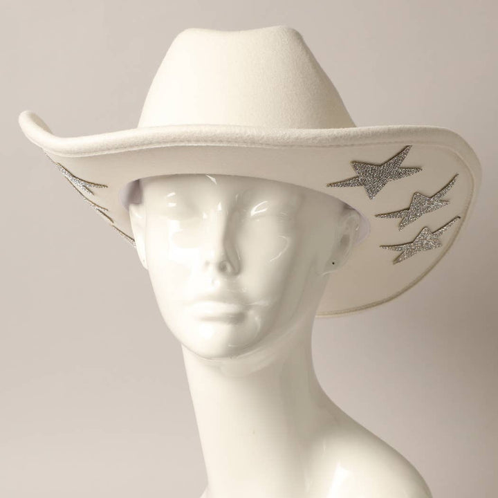 Vegan Felt Star Rhinestone Trim Cowboy Hat: CML / ONE SIZE