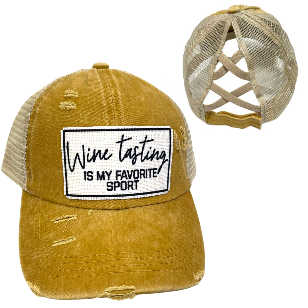 WINE TASTING IS MY FAVORITE SPORT CRISS-CROSS PONYTAIL HAT: Black with black mess