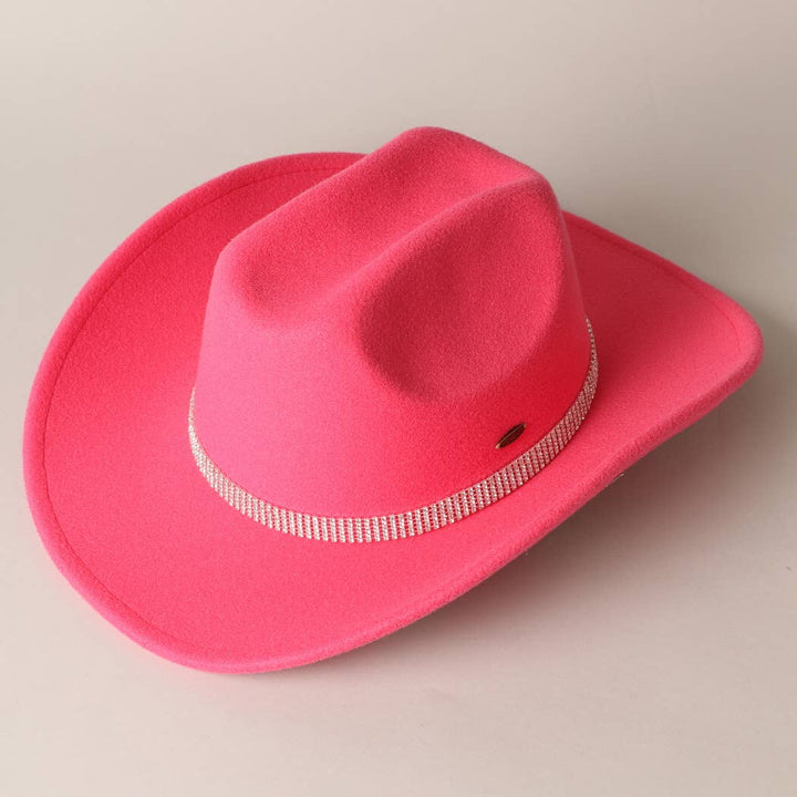 Vegan Felt Star Rhinestone Trim Cowboy Hat: CML / ONE SIZE