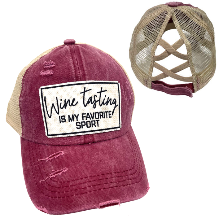 WINE TASTING IS MY FAVORITE SPORT CRISS-CROSS PONYTAIL HAT: Black with black mess