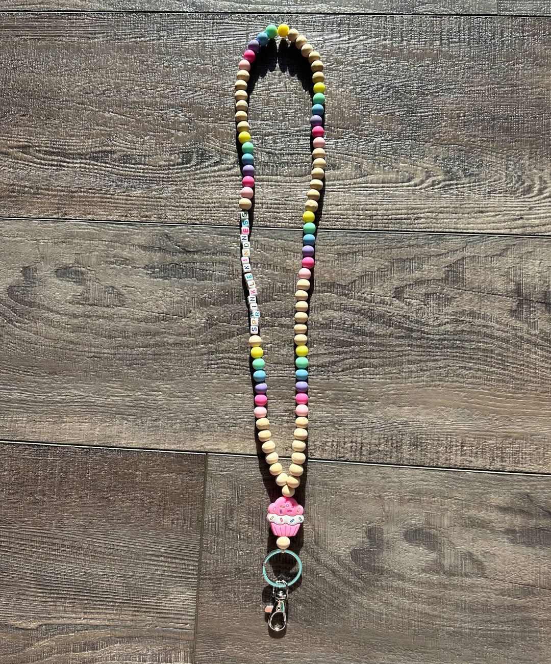 Colorful Beaded Teacher Lanyard with Cupcake Charm