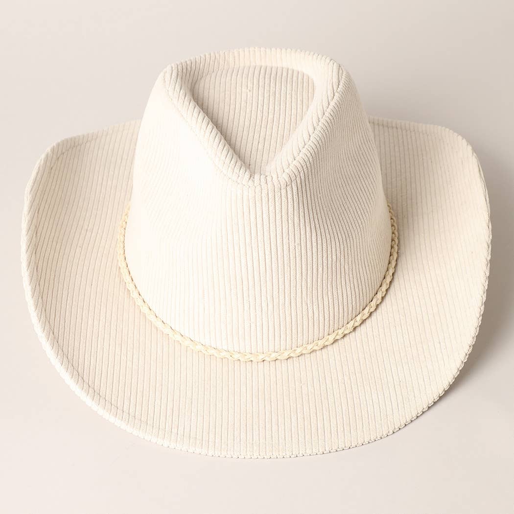 Western Corduroy Braided Band Cowboy Panama Hat: Light Brown / ONE SIZE