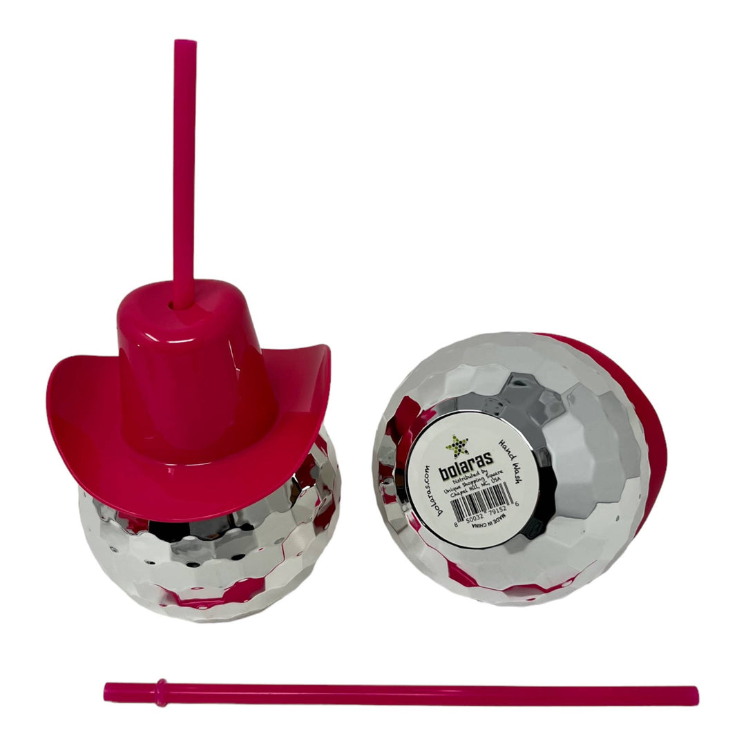 Bolaras Disco Ball Cup with Pink Cowgirl Hat Lid and Straw