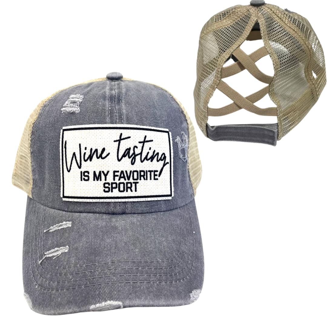 WINE TASTING IS MY FAVORITE SPORT CRISS-CROSS PONYTAIL HAT: Black with black mess