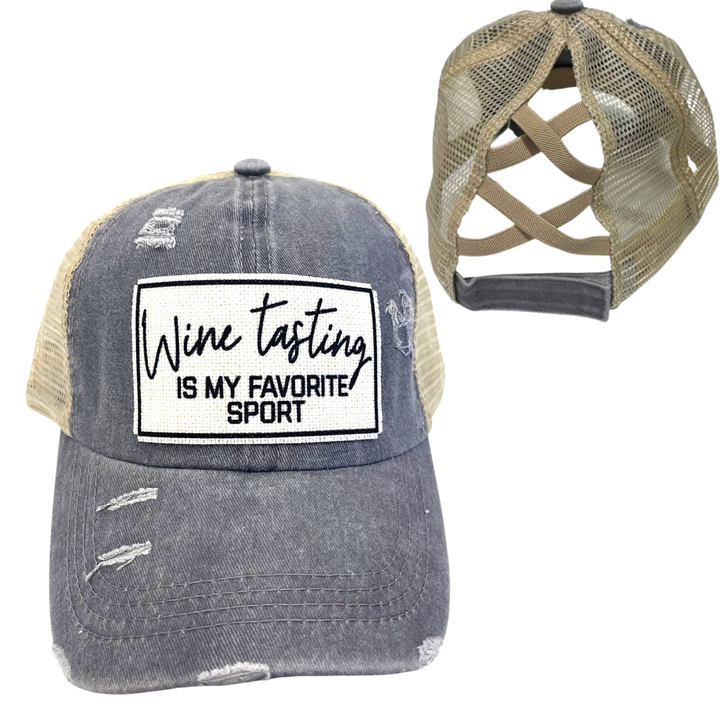 WINE TASTING IS MY FAVORITE SPORT CRISS-CROSS PONYTAIL HAT: Black with black mess